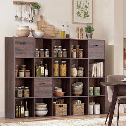 Walnut Cube Storage Bookcase, Rustic Brown 20 Cube Storage Organizer, Wooden - Image 8