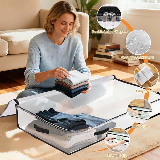 4 Pack Under Bed Storage Bags, 90L Foldable Clear Storage Containers - Image 3