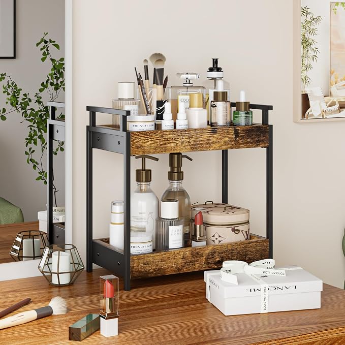 KLM Countertop Coffee Station Organizer, 2 Tier Wooden Shelf - Image 7