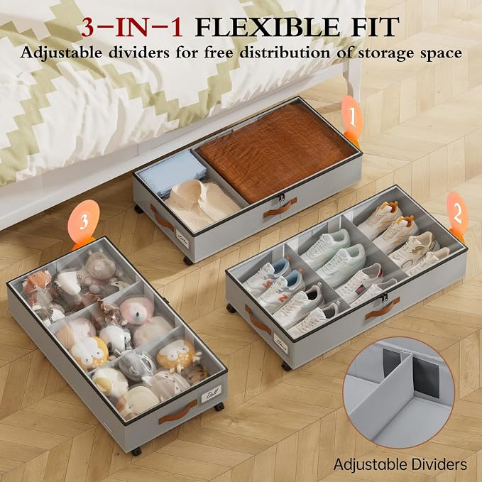 Yecaye Under Bed Storage with Wheels, 2 Pack Under Bed Storage Containers with - Image 2