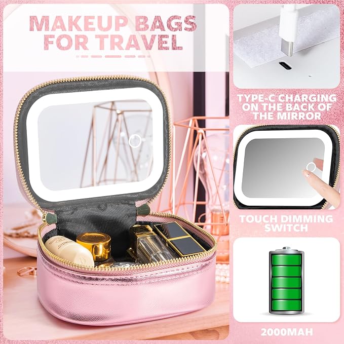 Small Makeup Bag with Led Mirror, Mini Travel Make up Bag 3 Light Modes - Image 3