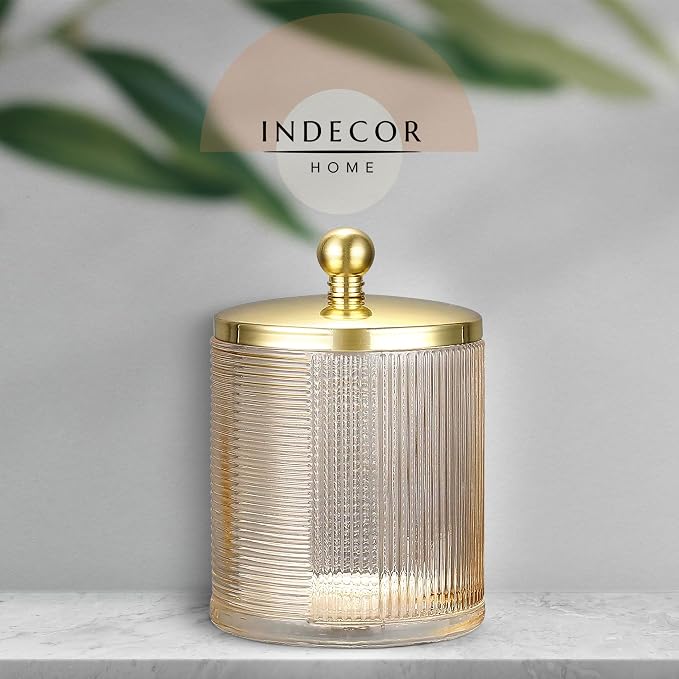 Tan Colored Tranlucent Apothecary Ribbed Geometric Etched Glass Jar W/Gold - Image 7