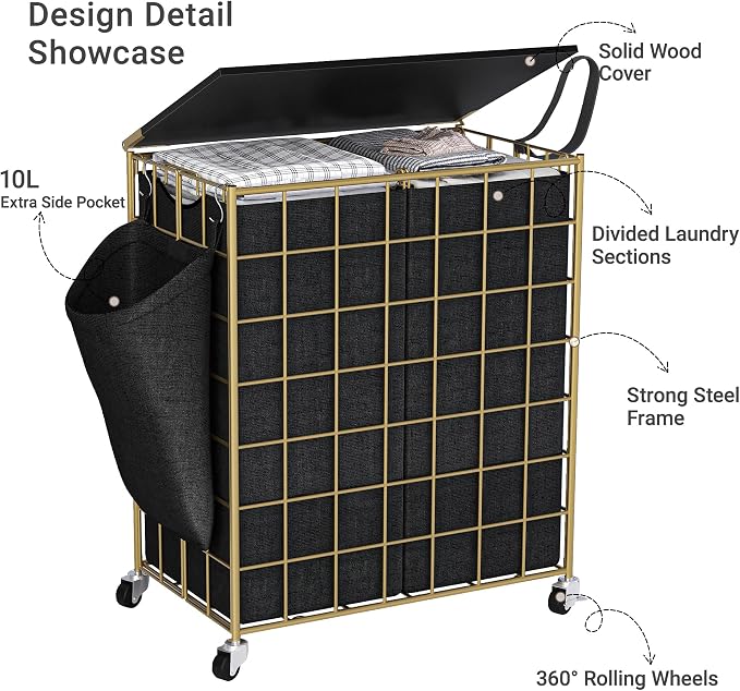 120L Laundry Basket with Wheels, Large Capacity Laundry Hamper with 3 Separate - Image 5