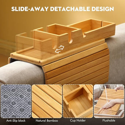 Bamboo Couch Arm Tray with Detachable Cup Holder, 2 in 1 Foldable Anti-Falling - Image 2