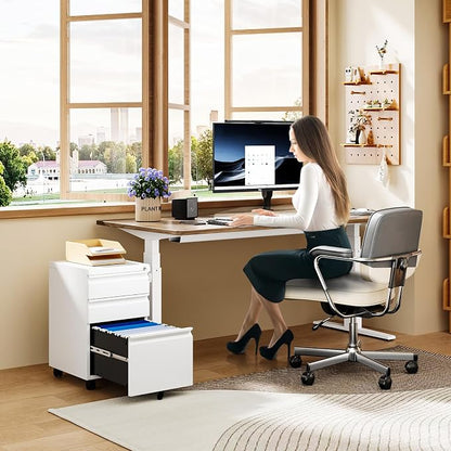 MIIIKO White Filing Cabinet 3 Drawers on Wheels Under Desk, Metal Rolling File - Image 6