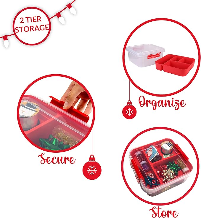 Simplify 5 Compartment Gift Supply Storage Box | 2 Tier Box | Red | Clear Top - Image 4