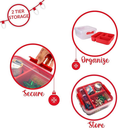 Simplify 5 Compartment Gift Supply Storage Box | 2 Tier Box | Red | Clear Top - Image 4