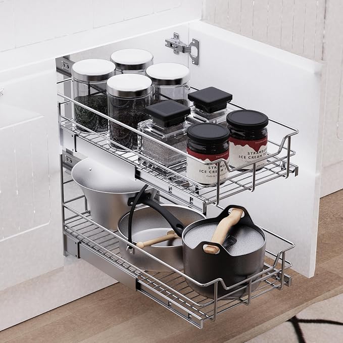 2 Tier Pull Out Cabinet Organizer 20" W X 22" D, Slide Out Drawers - Image 6