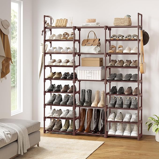 WOWLIVE 9 Tier 3-Column Shoe Rack, 50-55 Pairs Stackable Brown | 50in long - Image 2