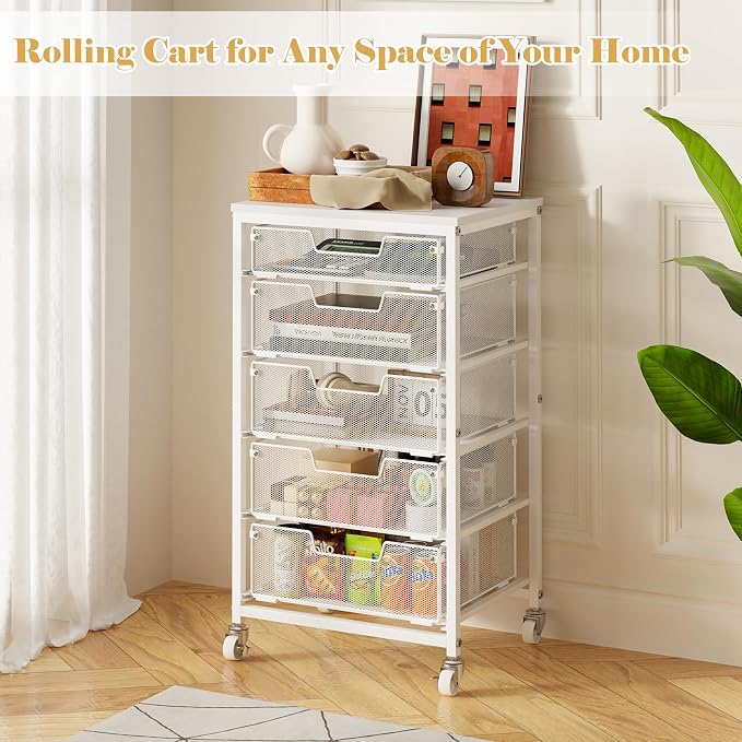 Sbanmao Utility Cart with 5 Drawers, Rolling Storage Cart with Wooden Tabletop - Image 9