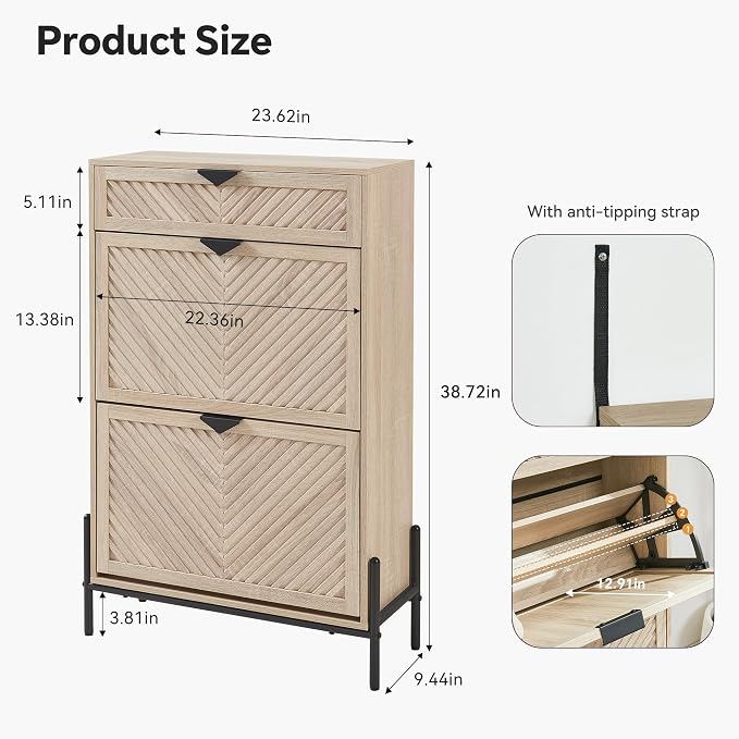 Shoe Cabinet with 2 Flip Drawers, Narrow Entryway Rack, Oak | Slanted Wood Grain - Image 2