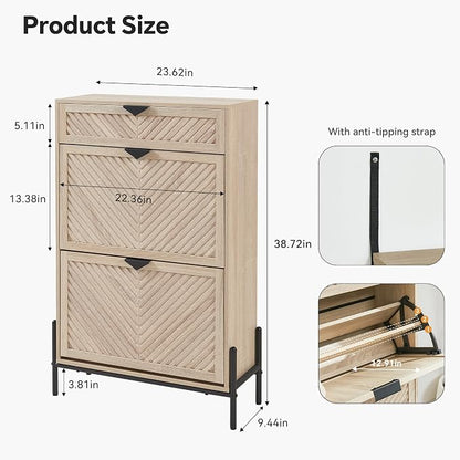Shoe Cabinet with 2 Flip Drawers, Narrow Entryway Rack, Oak | Slanted Wood Grain - Image 2