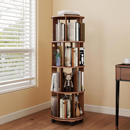 4-Tier Rotating Bookshelf on Wheels, 360° Spinning Bookshelf Tower, Round by LIMIRIX