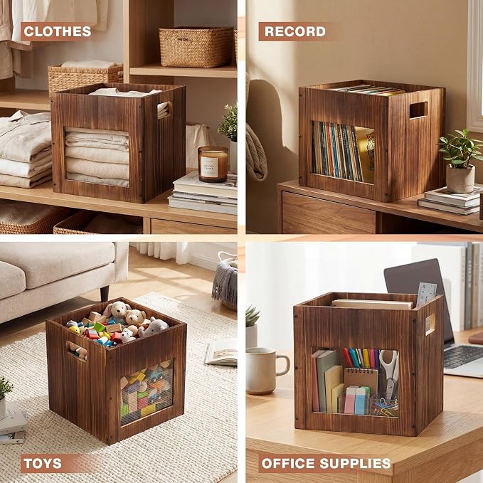 2 Pack 11 Inch Stackable Wood Storage Crate Boxes - Image 4