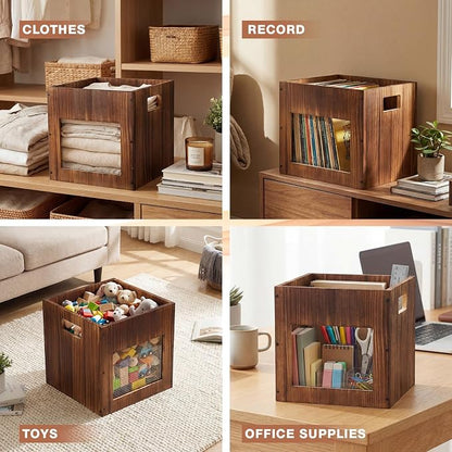 2 Pack 11 Inch Stackable Wood Storage Crate Boxes - Image 4