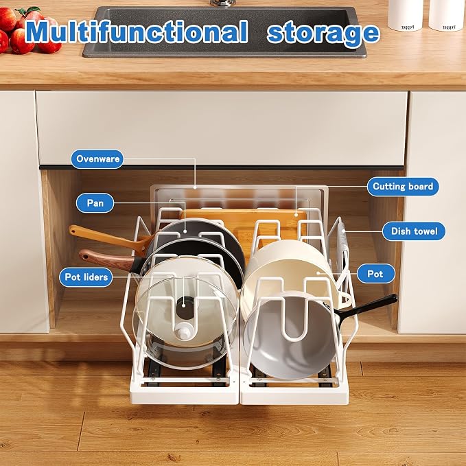 Pots and Pans Organizer Under Cabinet, 21.6" Deep Pull Out Pot Lid Organizer - Image 2