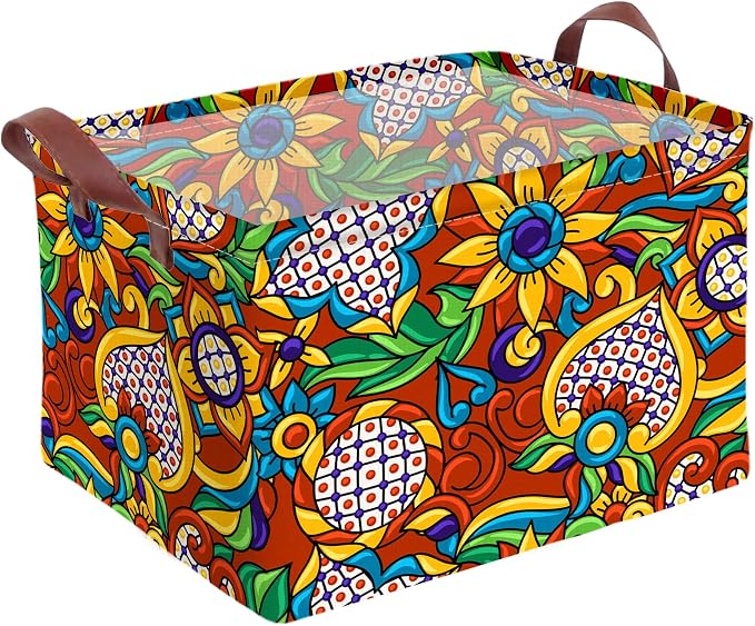 Mexican Talavera Storage Basket Waterproof Canvas Toy Storage Bin Mexican Decor by AmazerPad