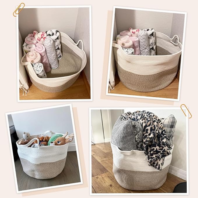 INDRESSME Large Laundry Basket, 21.7'' x 13.8'' Cotton Rope Blanket Basket - Image 4