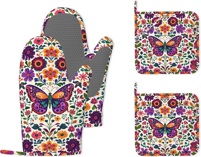 Butterfly Flowers Heat-Resistant Silicone Oven Mitts and Pot Holder 4 Piece Set by Unknown