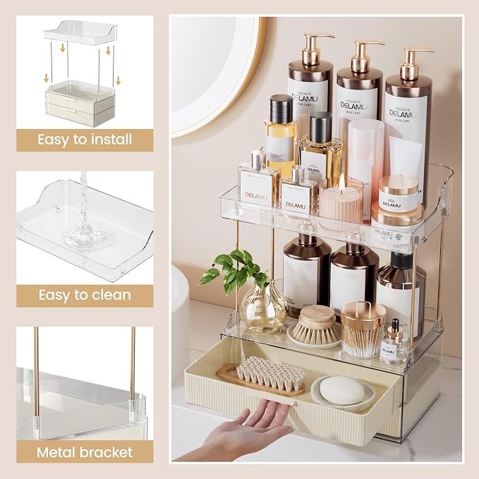 Delamu Bathroom Organizers and Storage, 2 Tier 2 Drawer Makeup Organizer - Image 6