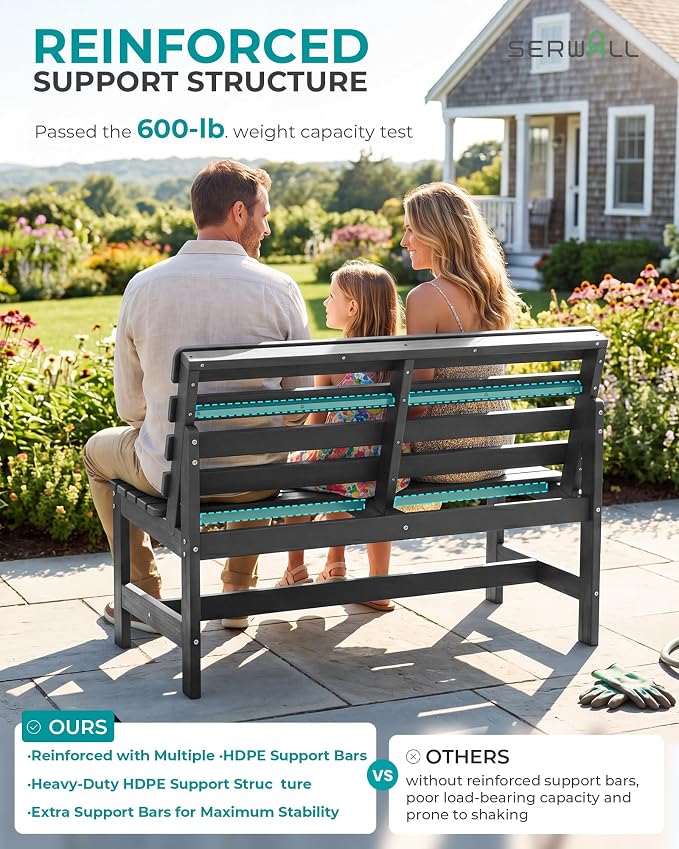 SERWALL Armless Outdoor Bench, All Weather HDPE Porch Bench, 1 Pack, Suitable - Image 6