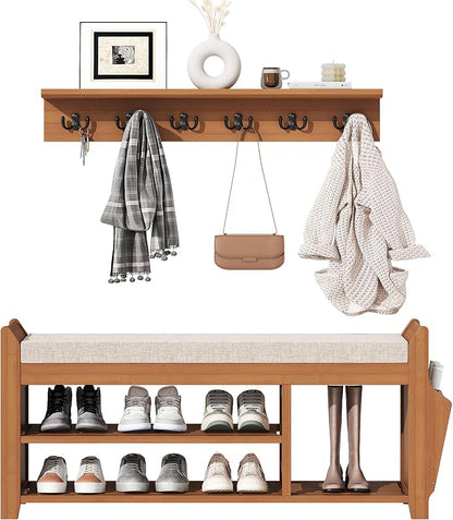 PETKABOO 39.4" Shoe Bench with Coat Rack Hidden Drawer and Side Holder - Image 8