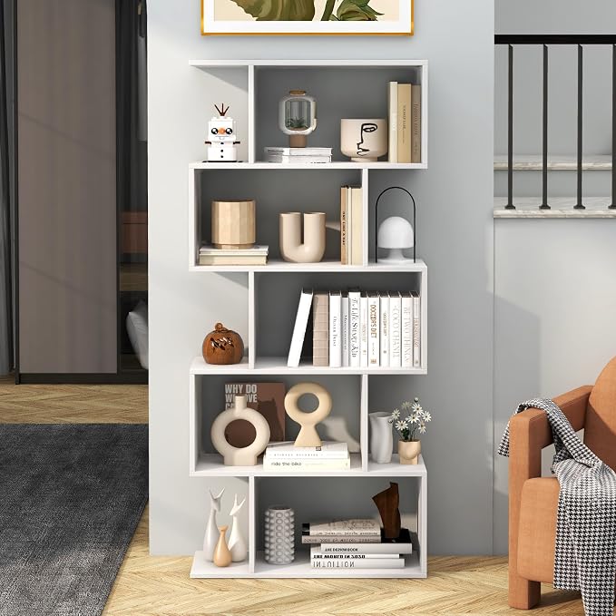 5-Tier Geometric Bookcase, 62.5” Freestanding Room Divider Bookshelf - Image 2