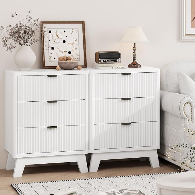 Fluted Nightstand with 3 Storage Drawers, Mid Century Modern Wooden Side Table - Image 7