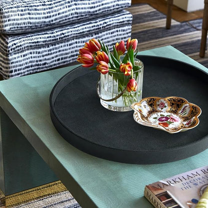 HofferRuffer Large Round Serving Tray 24'', Elegant Faux Leather Circle Ottoman - Image 6