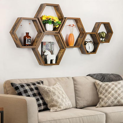 YBING Hexagon Shelves for Wall, Wood Honeycomb Floating Shelves Set of 6 - Image 2