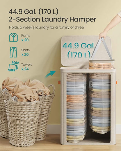 SONGMICS Laundry Basket, 44.9 Gal. Laundry Hamper, 2 Compartments, Easy Assembly - Image 4