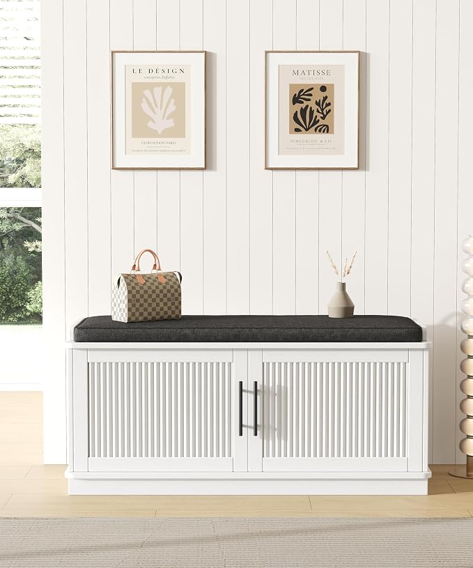 Akxomel 39.4" Fluted Shoe Storage Bench 2 Doors Wooden Entryway Bench White | 2 - Image 4
