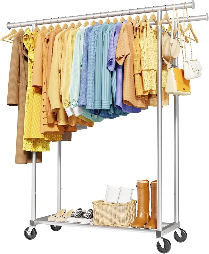 Sakugi Mobile Double Rod Clothes Rack, Freestanding Garment Organizer by Sakugi