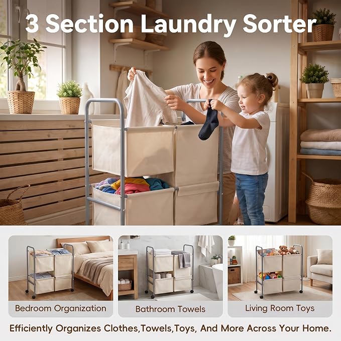 130L Laundry Hamper with Wheels, 3 Section Laundry Sorter Cart with Removable - Image 2