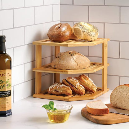 Plate Organizer for Cabinet, Corner Shelf, Bamboo 3-Tier Kitchen Organizer | - Image 2