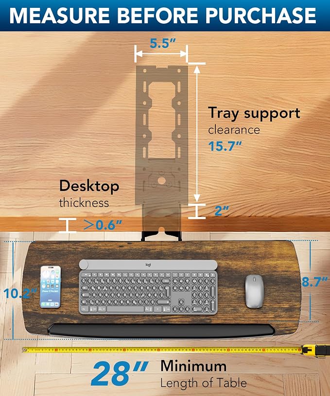 Keyboard Tray Under Desk with Storage Drawer, Height Adjustable Keyboard Tray - Image 3