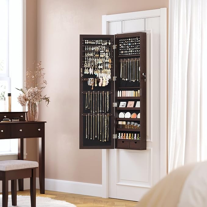 SONGMICS 6 LEDs Mirror Jewelry Cabinet, 47.2-Inch Tall Lockable Wall or Door - Image 8