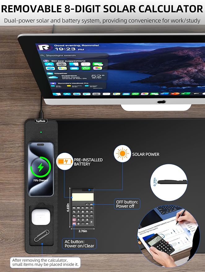 TopMade Mouse Pad with 15W Wireless Charging & Removable 8-Digit Solar - Image 4
