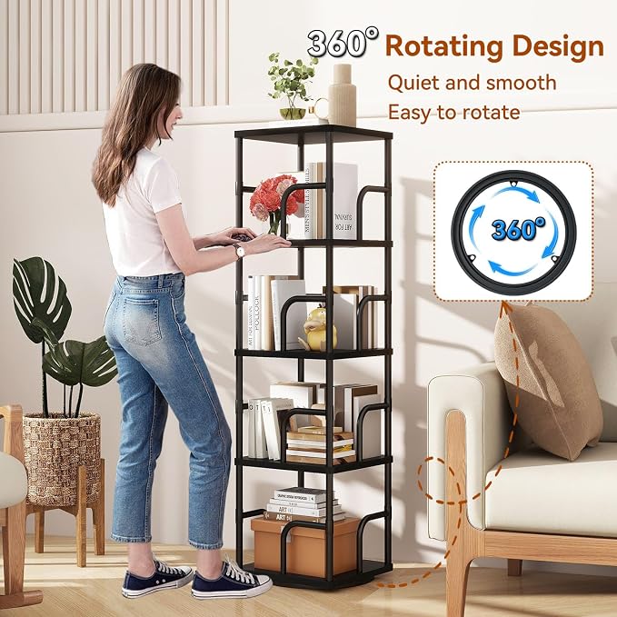 IBUYKE 5 Tier Rotating Bookshelf, Square Bookcases - Image 4