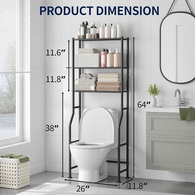 GloTika 3-Tier Over Toilet Storage Rack, Metal Over Toilet Bathroom Organizer - Image 2