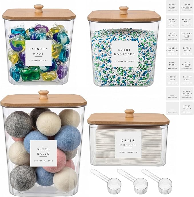POLRAI 4 Pack Laundry Pod Containers and Dryer Sheet Holder, Laundry Room by POLRAI