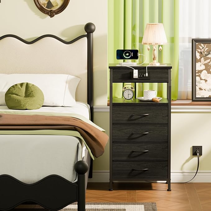Furnulem Tall Night Stand with Charging Station, 4 Drawers Bedside Table | - Image 2