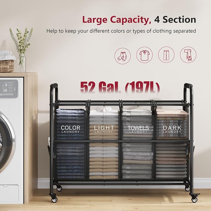 Tajsoon 4 Bag Laundry Sorter Cart, 4 Section Laundry Hamper Sorter - Image 4