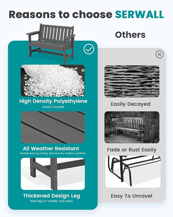 SERWALL HDPE Outdoor Bench, Weatherproof Porch Bench, 1 Pack, Suitable - Image 9