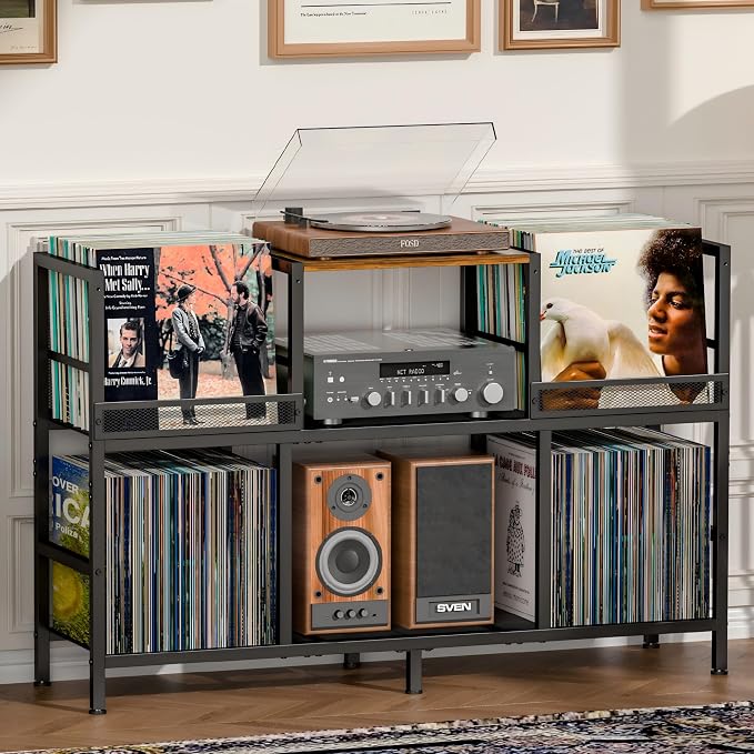 Record Player Stand with Dual Display Bins Storage by Sonyabecca