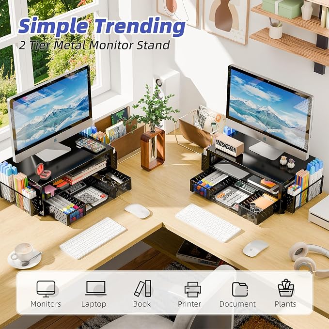 Simple Trending 2-Tier Monitor Stand Riser, Drawer & 2 Pen Holders - Image 6