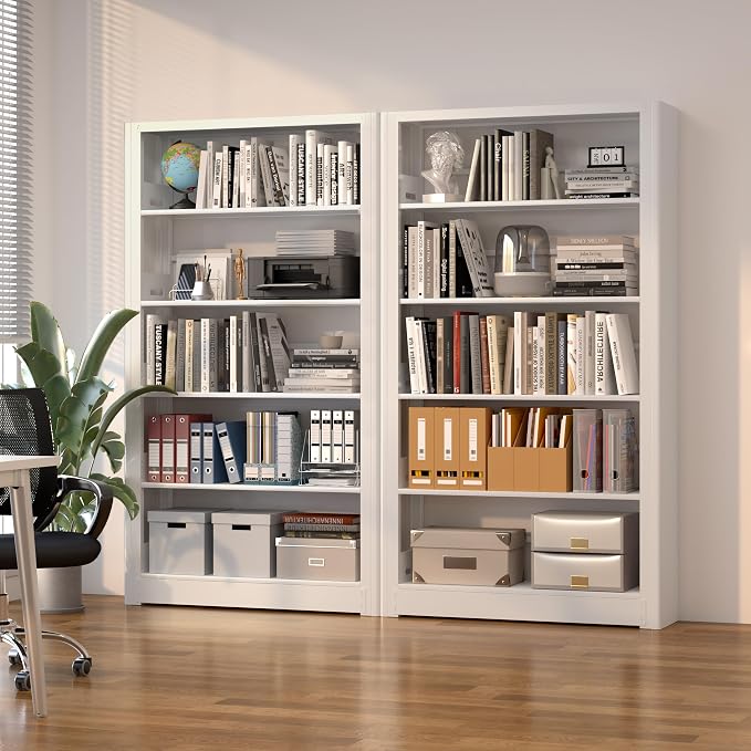 Metal White Bookshelf, 5 Shelf Bookcase, Large Bookshelves and Bookcases - Image 6