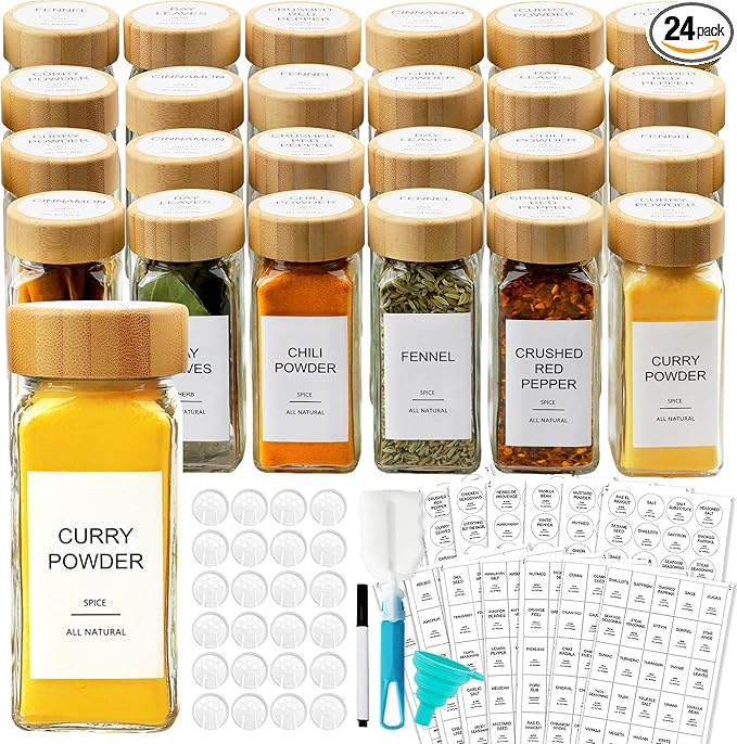 AISIPRIN Glass Spice Jars with 398 Labels, Square Spice Bottles With Shaker Lids by AISIPRIN