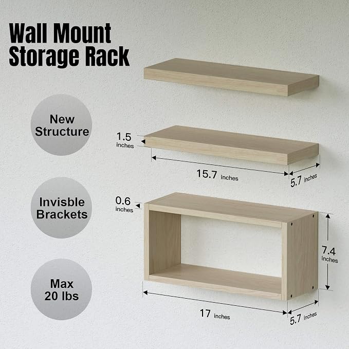 RICHER HOUSE 3-Set Floating Shelves, Natural Bathroom Shelf Over Toilet | Cube - Image 2