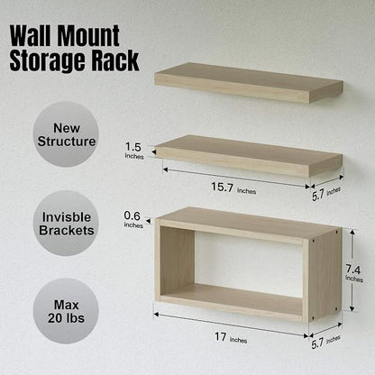 RICHER HOUSE 3-Set Floating Shelves, Natural Bathroom Shelf Over Toilet | Cube - Image 2